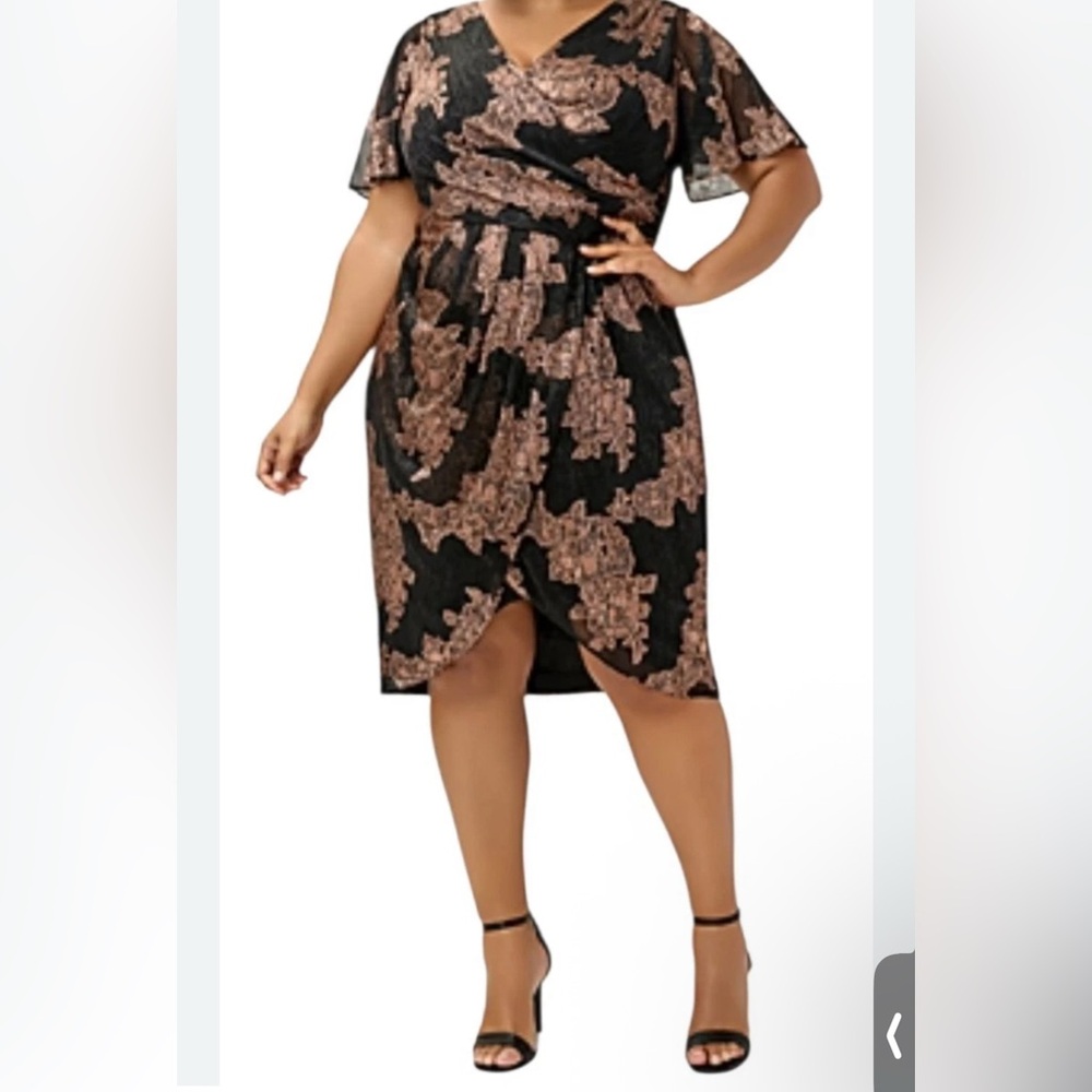 Adrianna Papell Black Dress with Rose Gold Lace-Print Midi